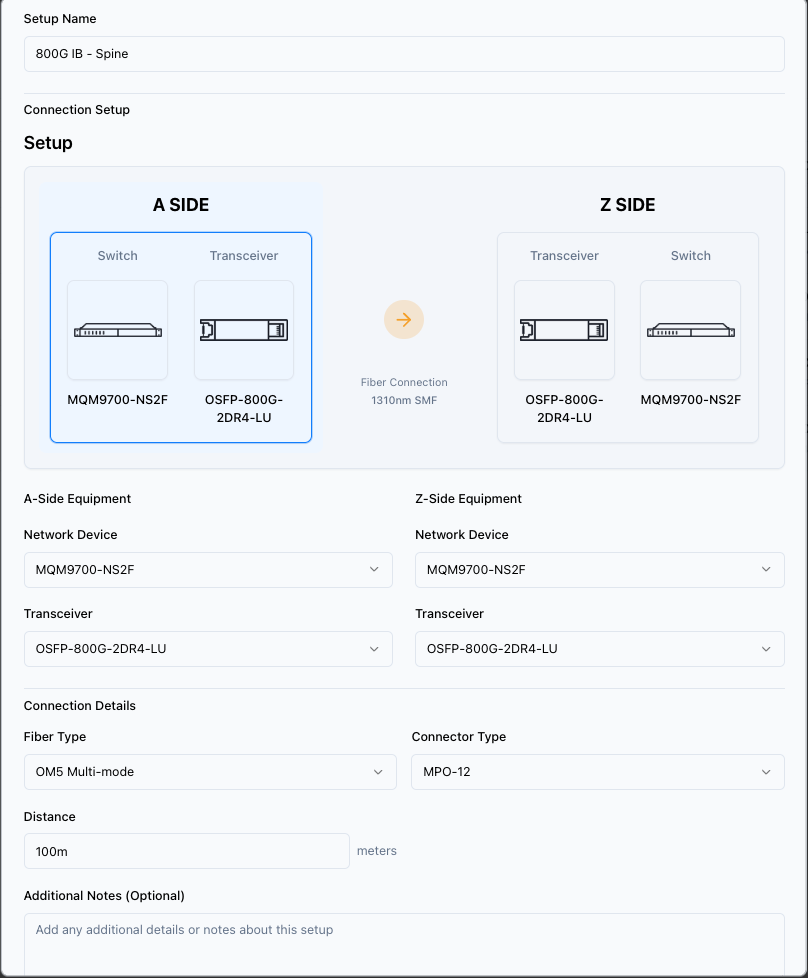 Luma Cloud Setup Configuration showing 800G IB-Spine connection setup
